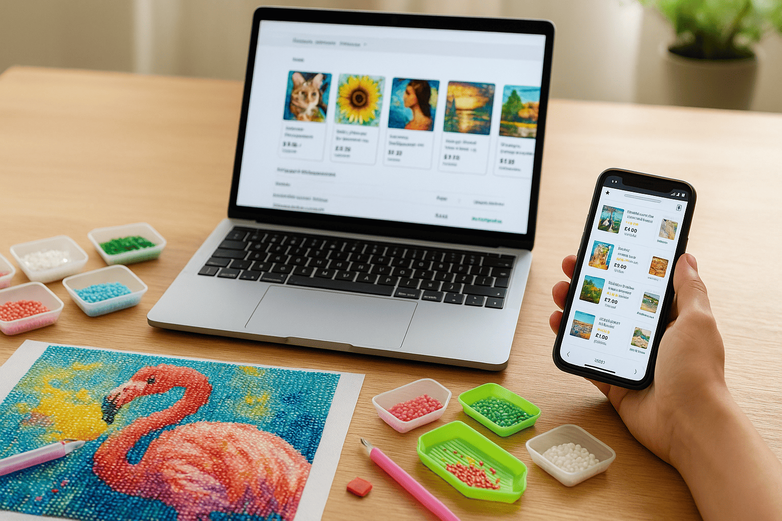 Comparison of diamond painting kits and prices on laptop and mobile, with colorful canvas on the table