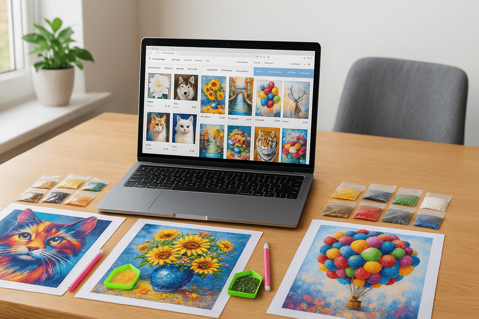 Comparison of three diamond painting web shops on laptop screen, with colorful sets on the table in natural light