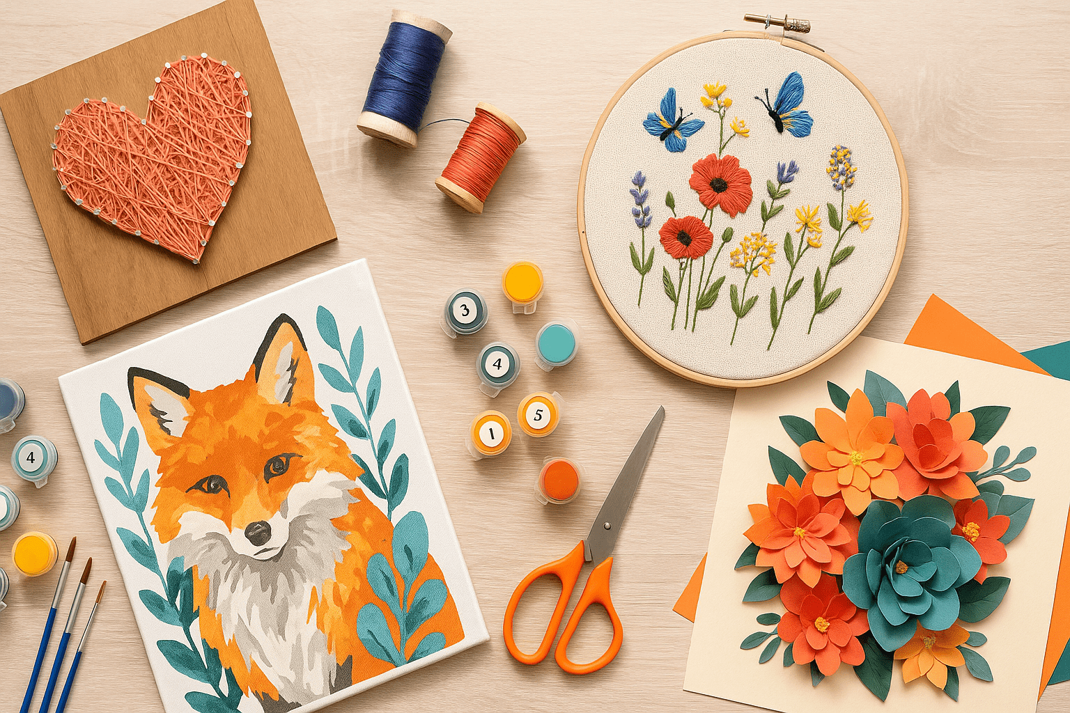 A photo shows a collection of creative hobby projects and materials, including paint-by-numbers, diamond painting and craft supplies.