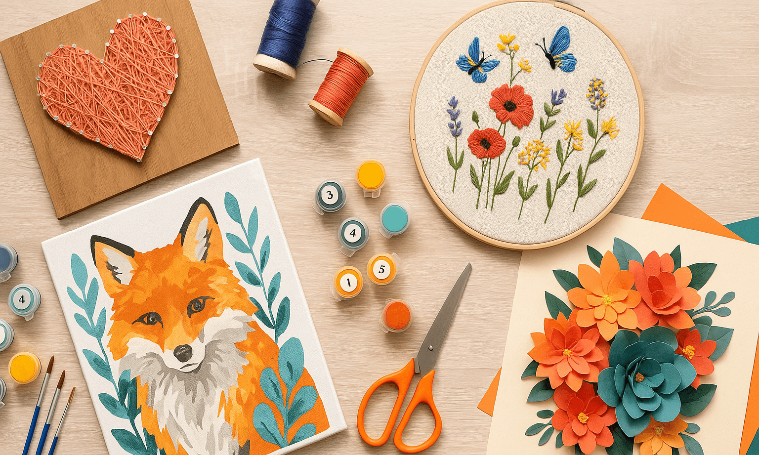 A photo shows a collection of creative hobby projects and materials, including paint-by-numbers, diamond painting and craft supplies.
