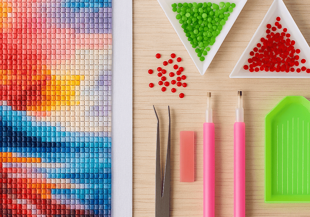 Realistic depiction of Diamond Painting tools and storage systems – including trays, pen, stones and sorting tray in a creative workplace