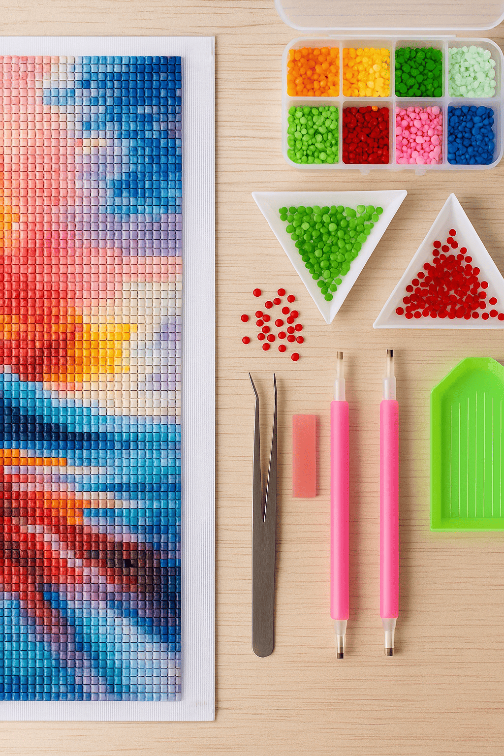Realistic depiction of Diamond Painting tools and storage systems – including trays, pen, stones and sorting tray in a creative workplace