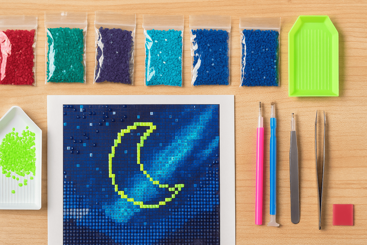 Diamond Painting materials and canvas with crescent moon in blue night sky