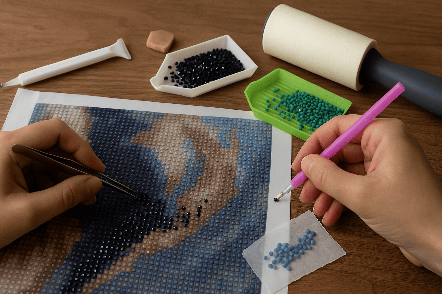 Hands correct incorrectly pasted rhinestones on a diamond painting canvas using tweezers and pen, surrounded by tools and coloured rhinestones.