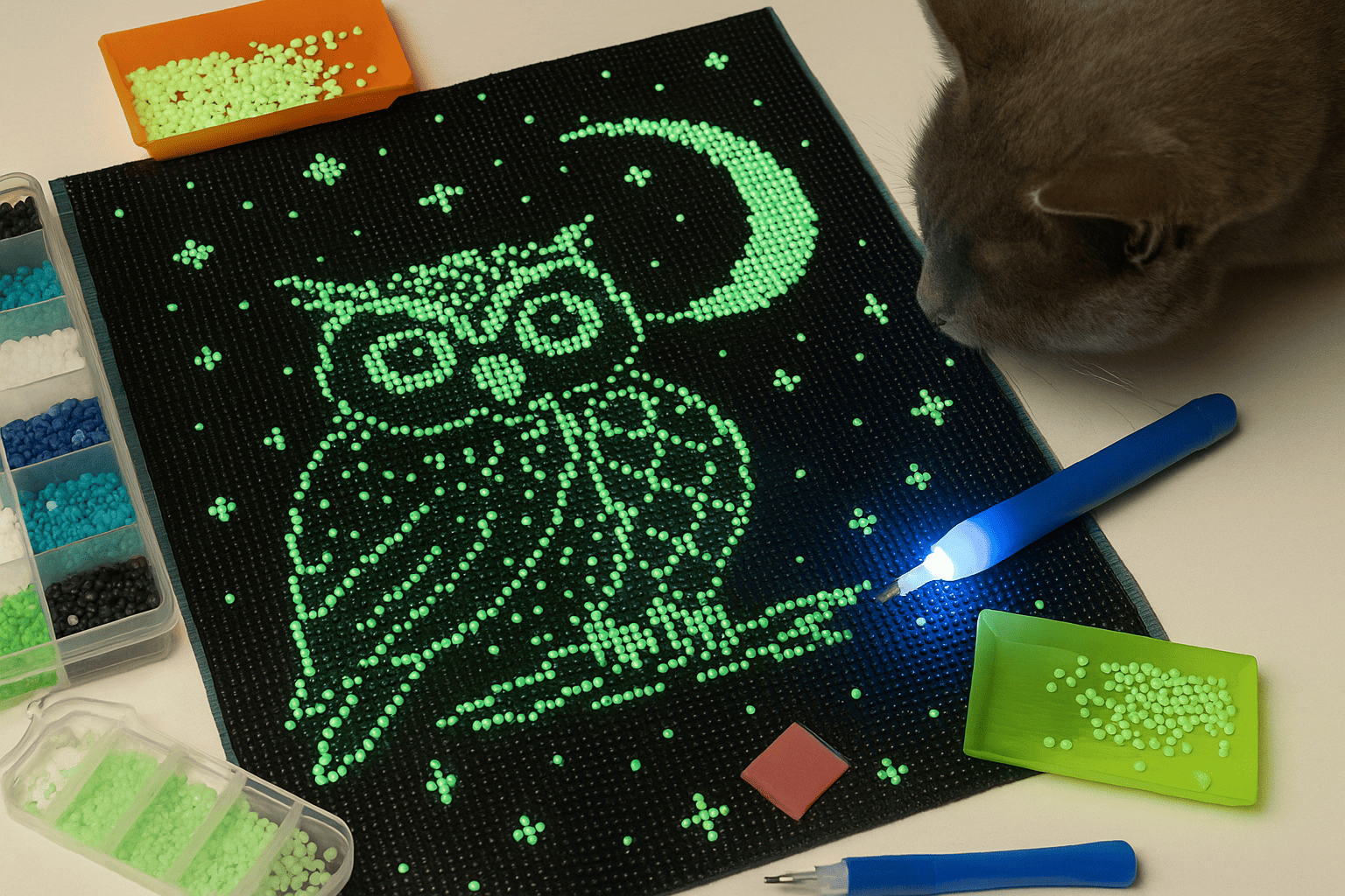 Glow-in-the-dark Diamond Painting of an owl with moon and stars on black canvas