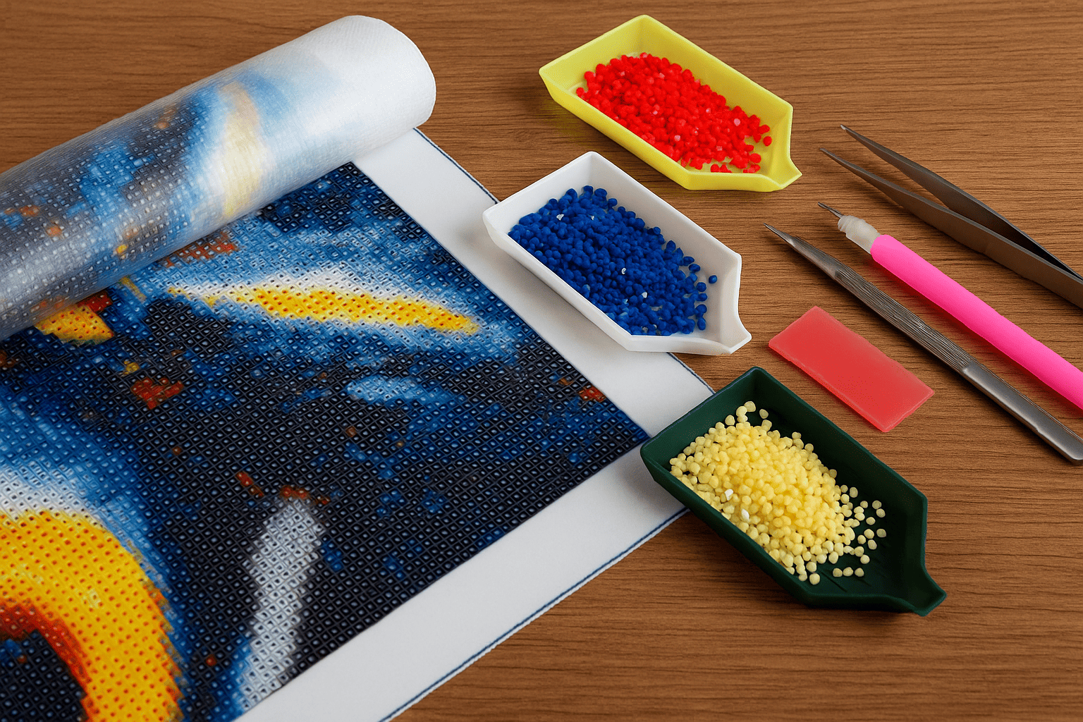 Diamond painting set with thick canvas, bright symbols and sorted stones on a neat wooden table