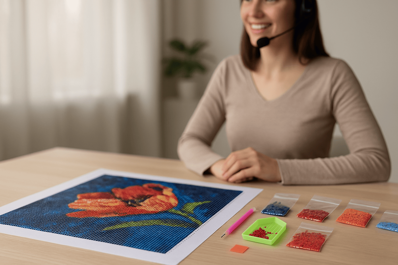 Diamond painting set with accessories on the table, ready to use with friendly customer service in the background