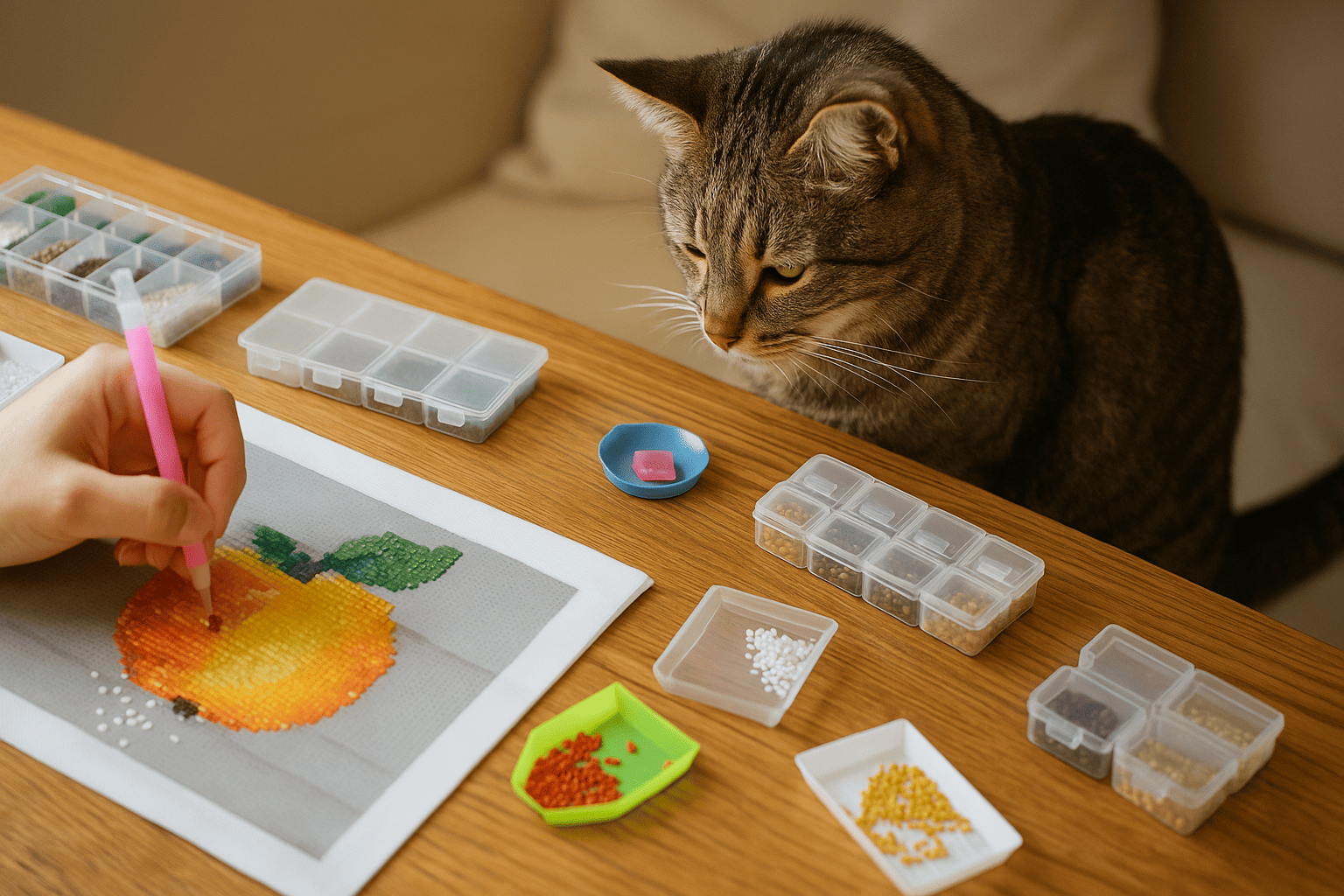 Cat looks curiously at a Diamond Painting canvas with stones on the table