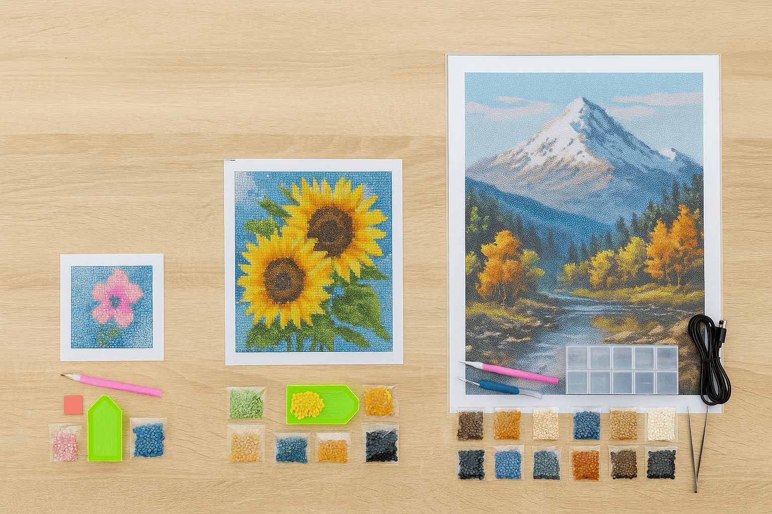Three diamond painting sets side by side: a small budget set, a medium-sized hobby kit and a luxurious large canvas with accessories