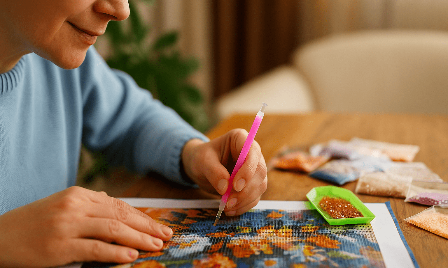 Person doing Diamond Painting – creative focus on stress reduction