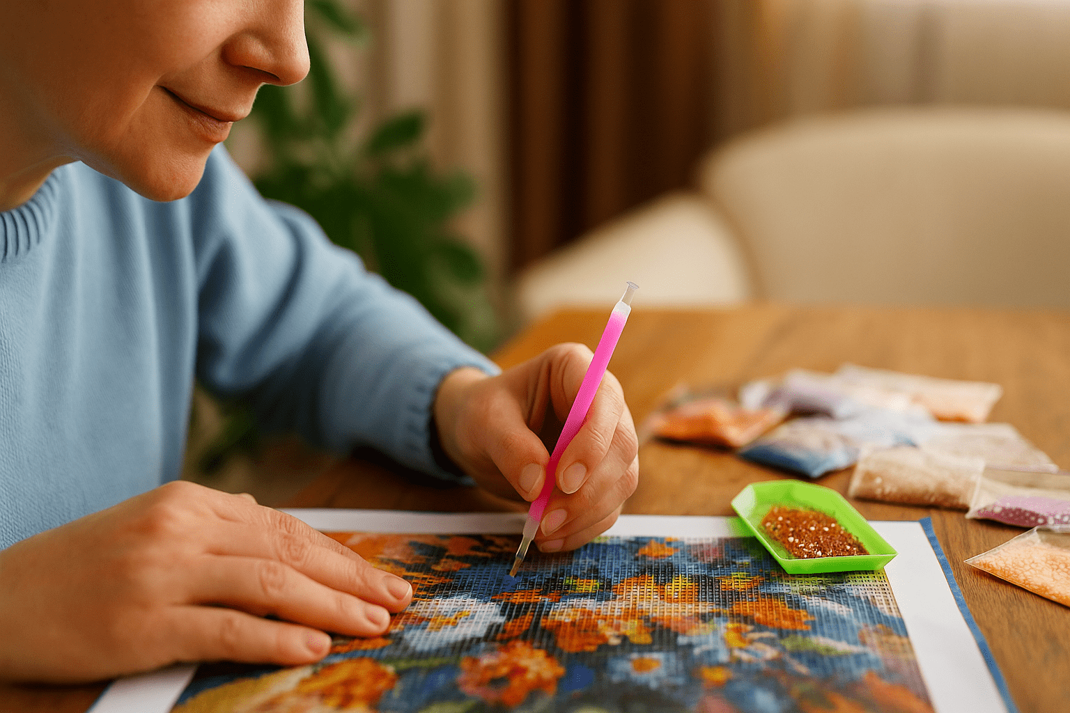 Person doing Diamond Painting – creative focus on stress reduction