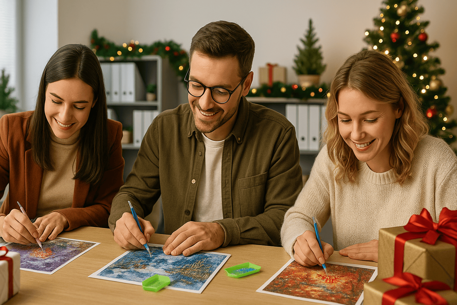 Three colleagues work on diamond painting during a Christmas team building at the office, with a decorated Christmas tree and presents in the background.