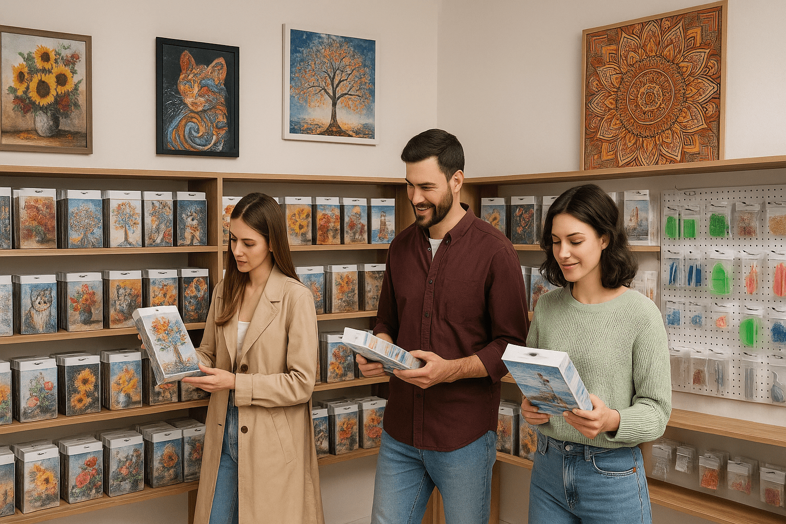 Three customers in a Diamond Painting store view glittering motifs and accessories in a modern retail space