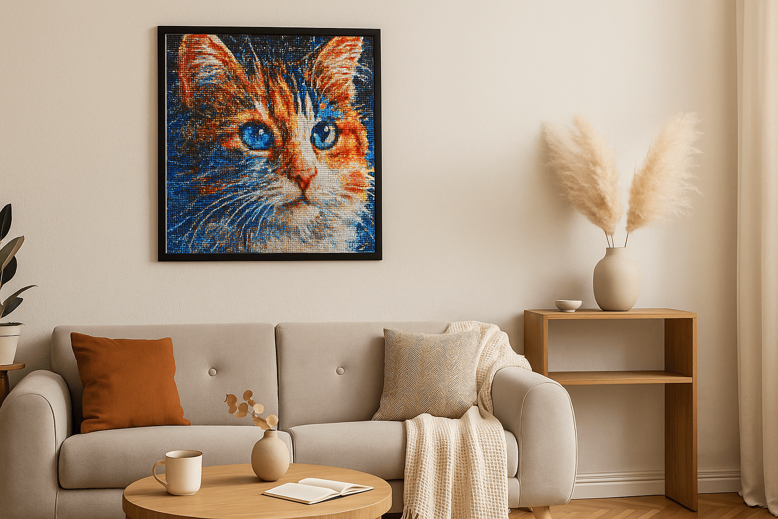 Diamond Painting with a colorful cat above a beige sofa in an attractively decorated living room