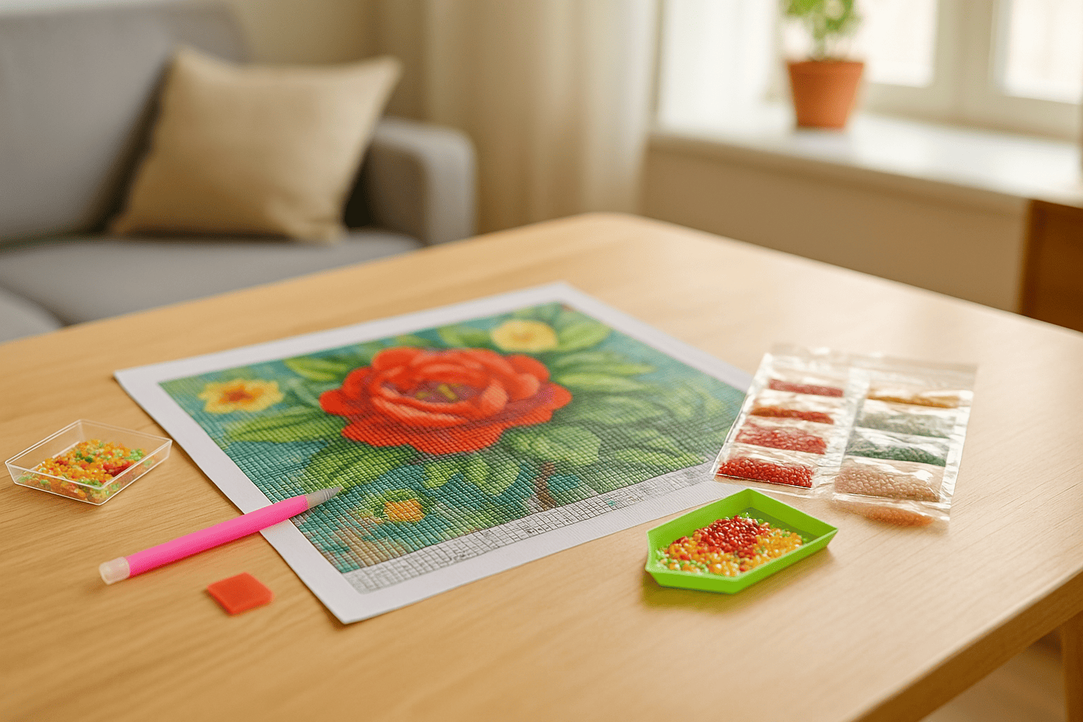 Cheap diamond painting set with accessories and colorful canvas on the table in sunny living room