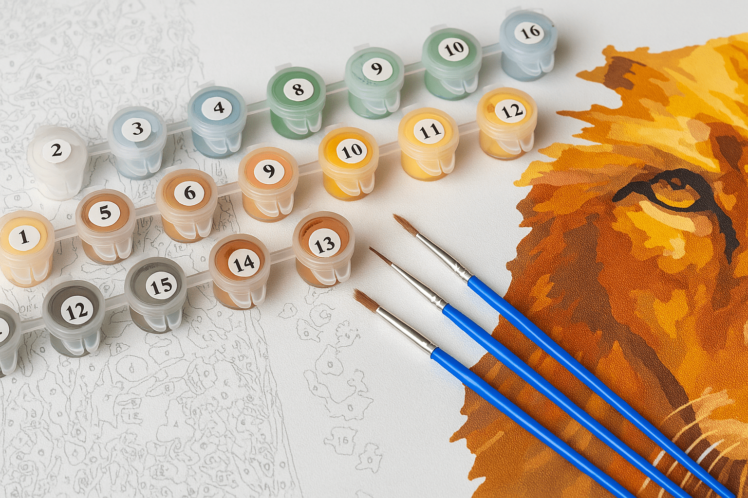 Cheap Paint by Numbers set with pots of paint, brushes and a canvas with a lion in warm colours.