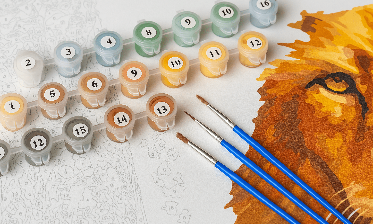 Cheap Paint by Numbers set with pots of paint, brushes and a canvas with a lion in warm colours.