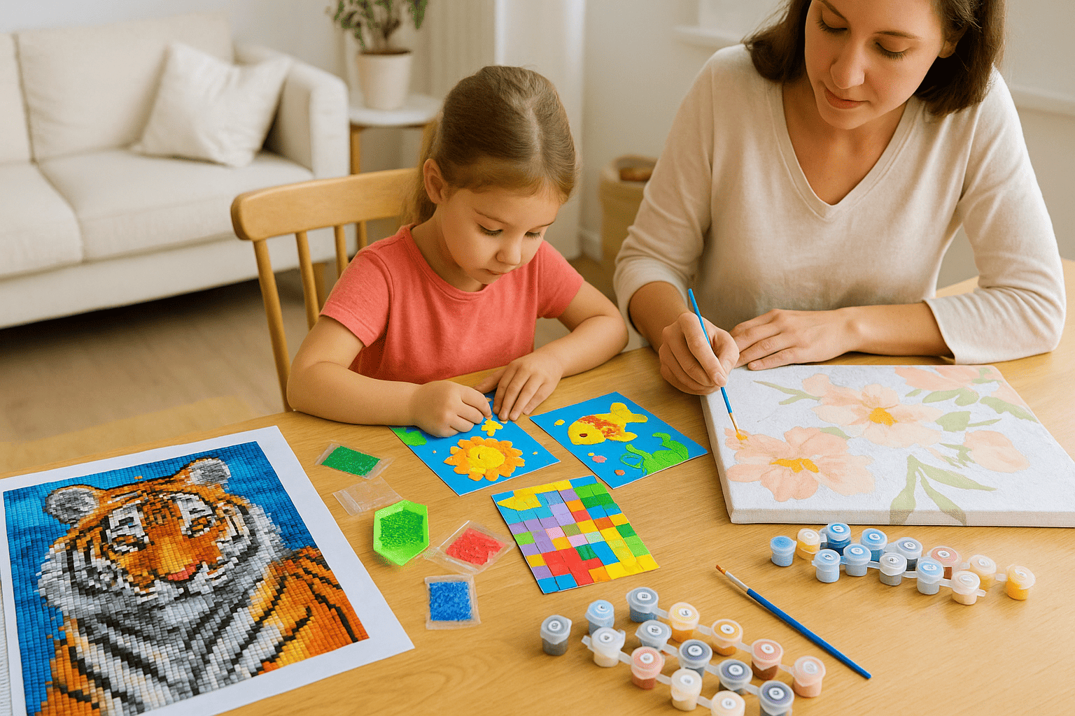 Creative craft kits on a table, with diamond painting, Paint by Numbers and foam stickers, in a cosy house in Zwolle