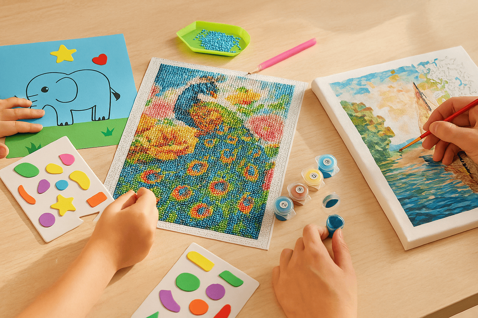 Creative hobby packages on the table, such as diamond painting, Paint by Numbers and foam stickers, suitable for children and adults