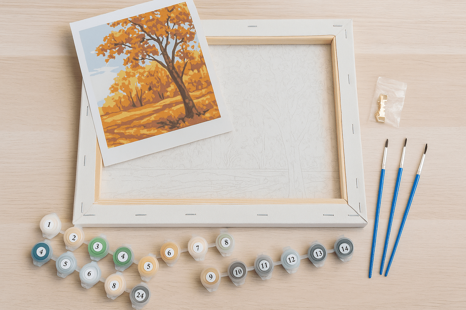 Paint by Numbers package with canvas, brushes, numbered paint and sample image on a wooden surface.