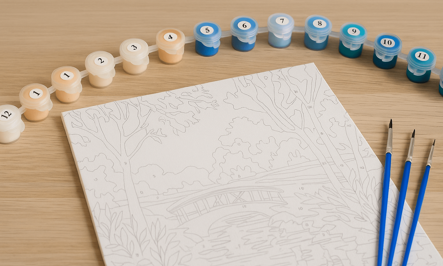 Paint by Numbers package with canvas, blue brushes and paint pots on a wooden table, ready to start.