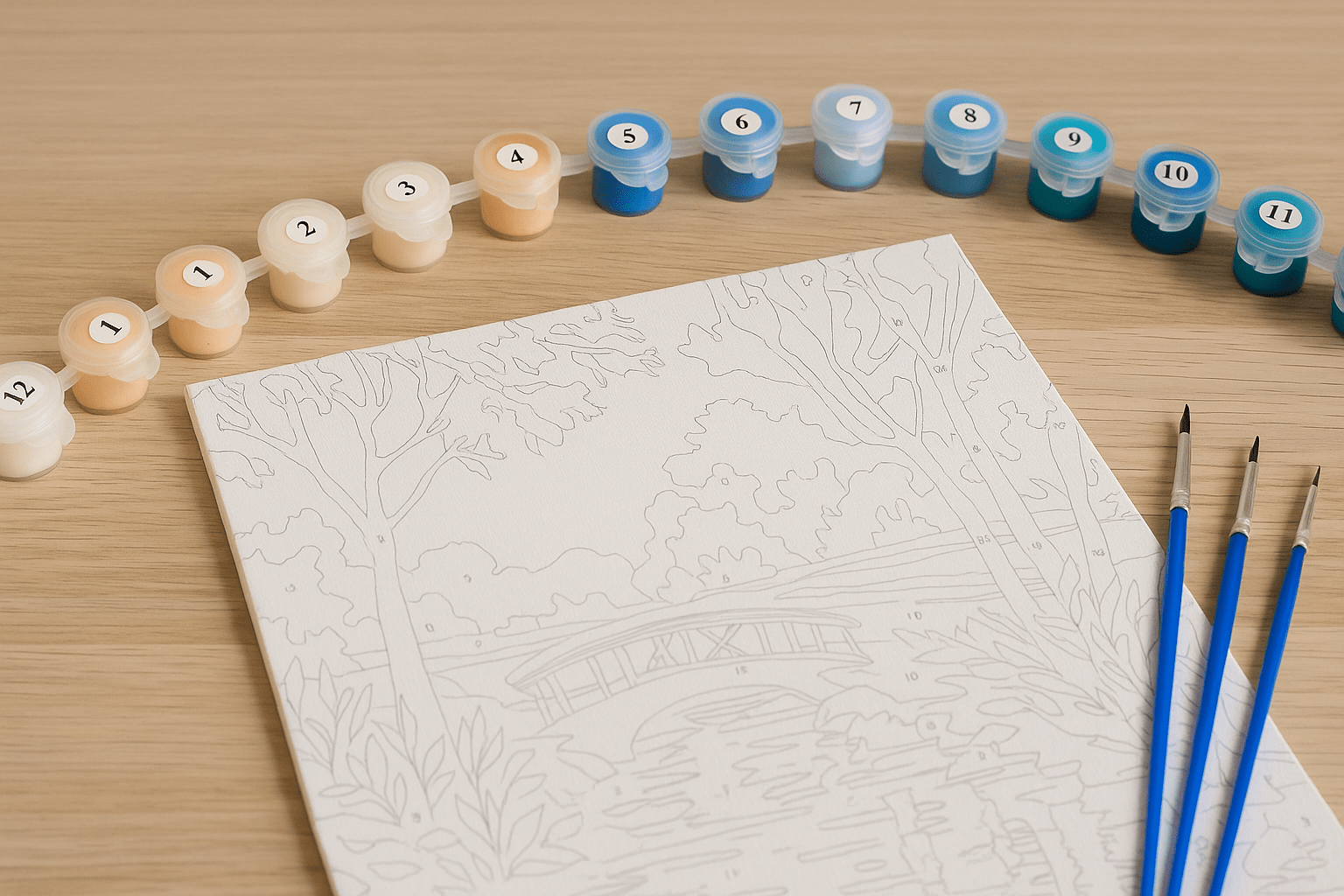 Paint by Numbers package with canvas, blue brushes and paint pots on a wooden table, ready to start.