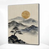 Paint by Numbers Mountains in ink with golden moon Japan