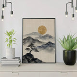 Paint by Numbers Mountains in ink with golden moon Japan