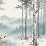 Paint by Numbers Birch forest in fog with red accents Japan