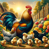 Paint by Numbers Rooster, Hens and Chicks on the Farm