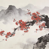 Diamond Painting Cherry blossoms in front of misty mountain peaks Japandi panorama Japan