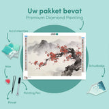 Diamond Painting Cherry blossoms in front of misty mountain peaks Japandi panorama Japan