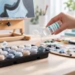 Een hand voegt Painting by Numbers Expert Flow Aid toe aan een open potje acrylverf.