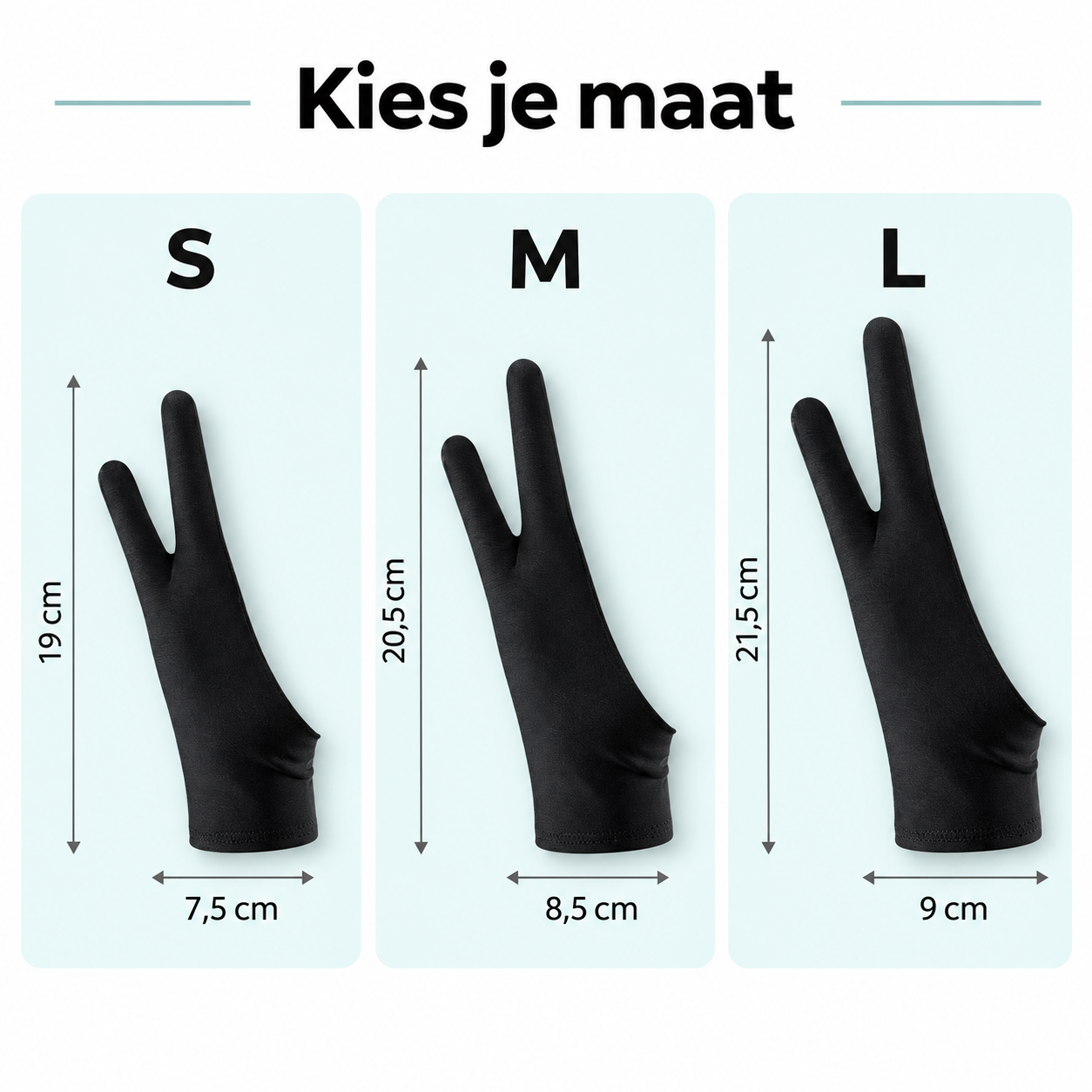 Maattabel schildershandschoen: S 19 bij 7,5 cm, M 20,5 bij 8,5 cm en L 21,5 bij 9 cm