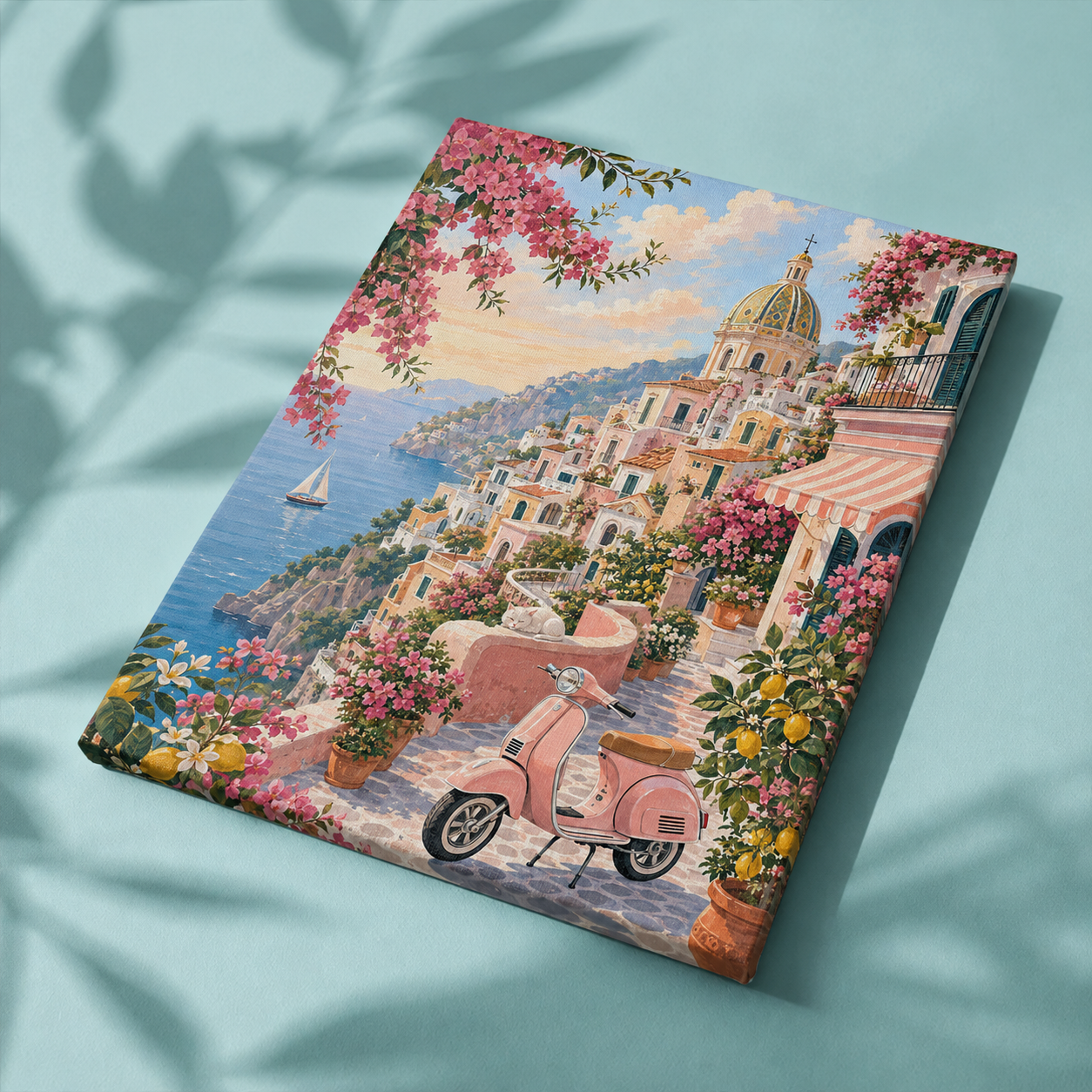 Schilderen op nummer Amalfi canvas met Italiaanse kust en scooter
