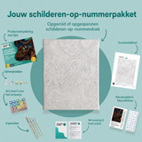 Inhoud van het schilderen-op-nummerpakket Dans van de kleurrijke doodskoppen