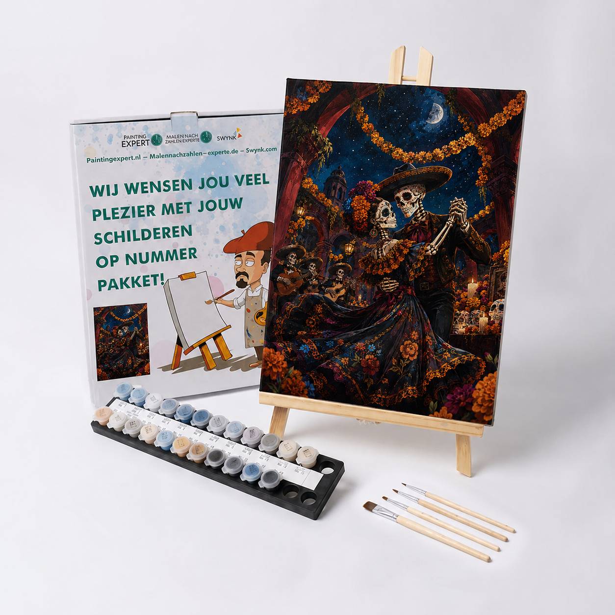 Schilderen op nummer Dans van de kleurrijke doodskoppen met verf en penselen