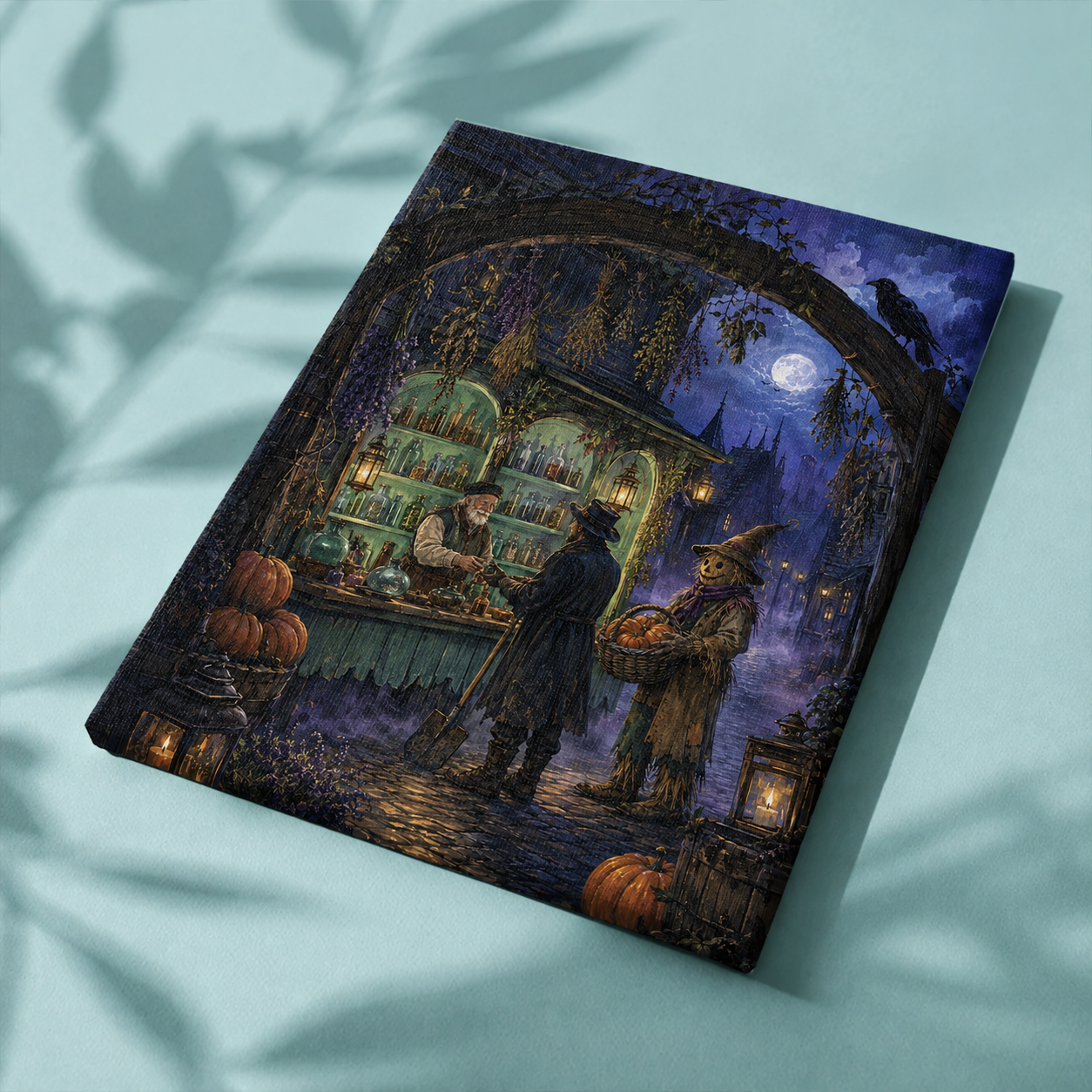 Afgewerkt canvas De apotheek van de nacht op stof
