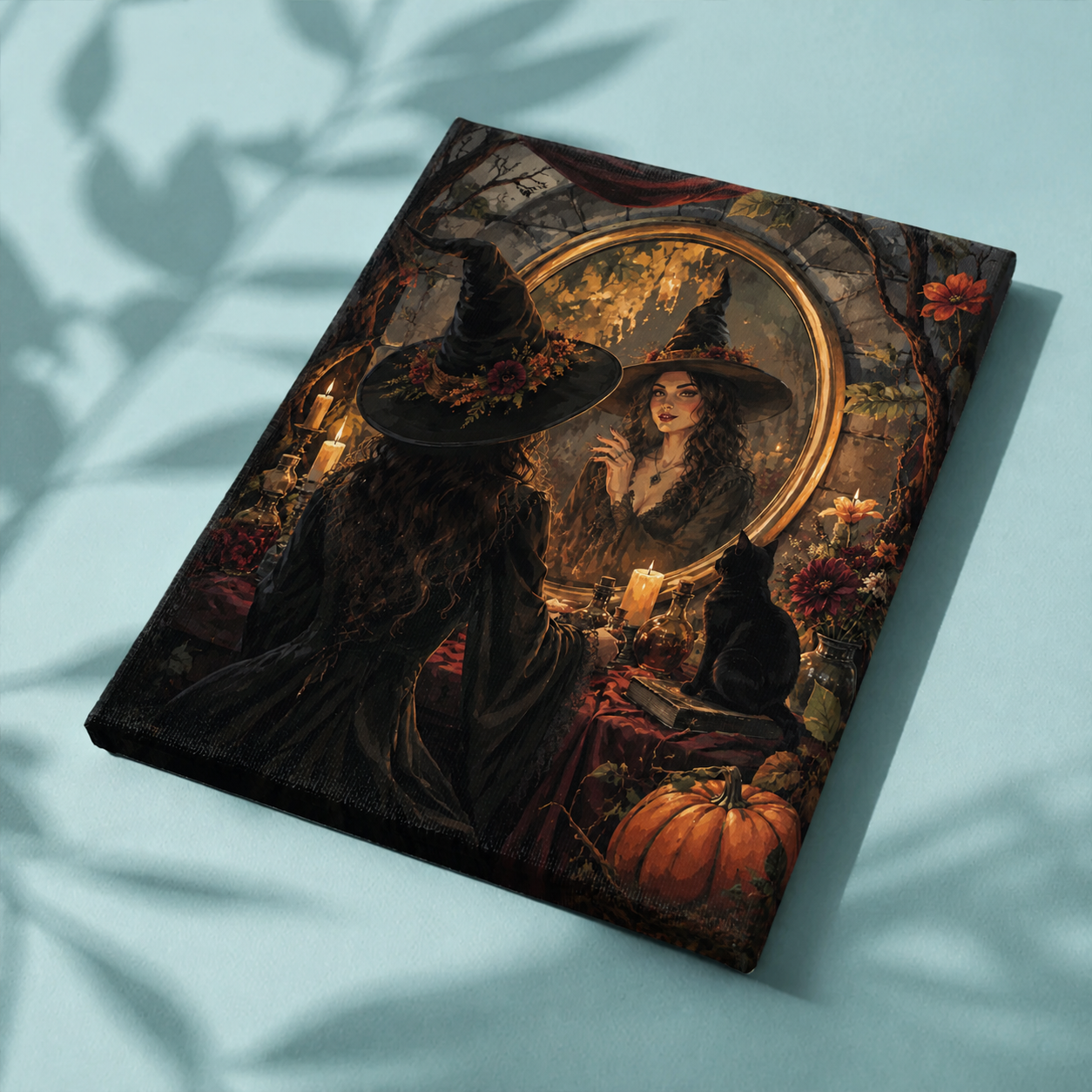 Afgewerkt canvas De heks in de gouden spiegel op stof