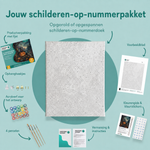 Inhoud van het schilderen-op-nummerpakket De heksenpompoen aan de bosrand
