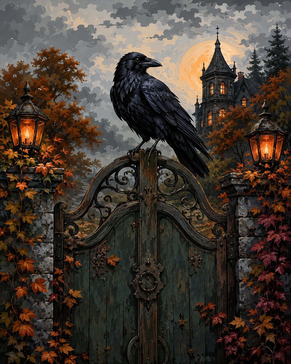 Schilderen op nummer De kraai op de oude poort – Halloween