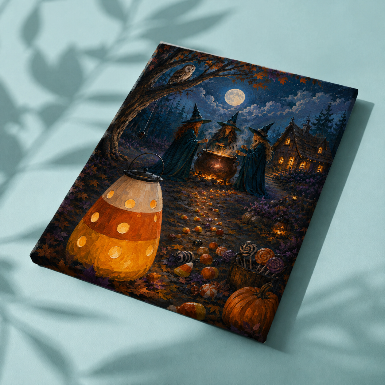 Afgewerkt canvas De kring van snoepmaïsheksen op stof