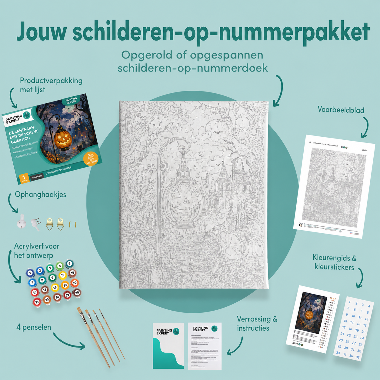 Inhoud van het schilderen-op-nummerpakket De lantaarn met de scheve glimlach