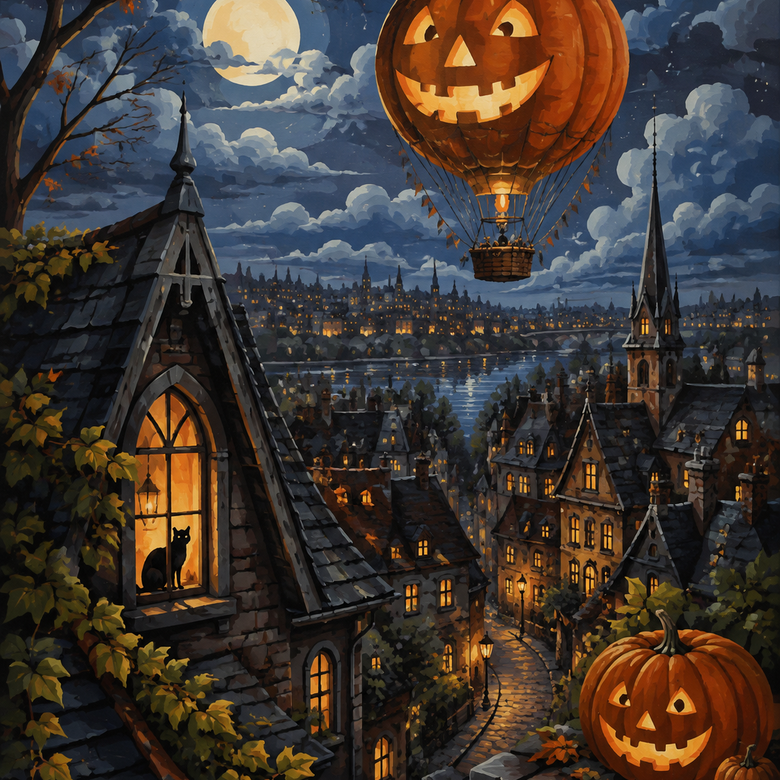 Schilderen op nummer De pompoenballon boven de nachtstad – Halloween