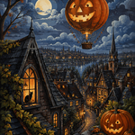 Schilderen op nummer De pompoenballon boven de nachtstad – Halloween