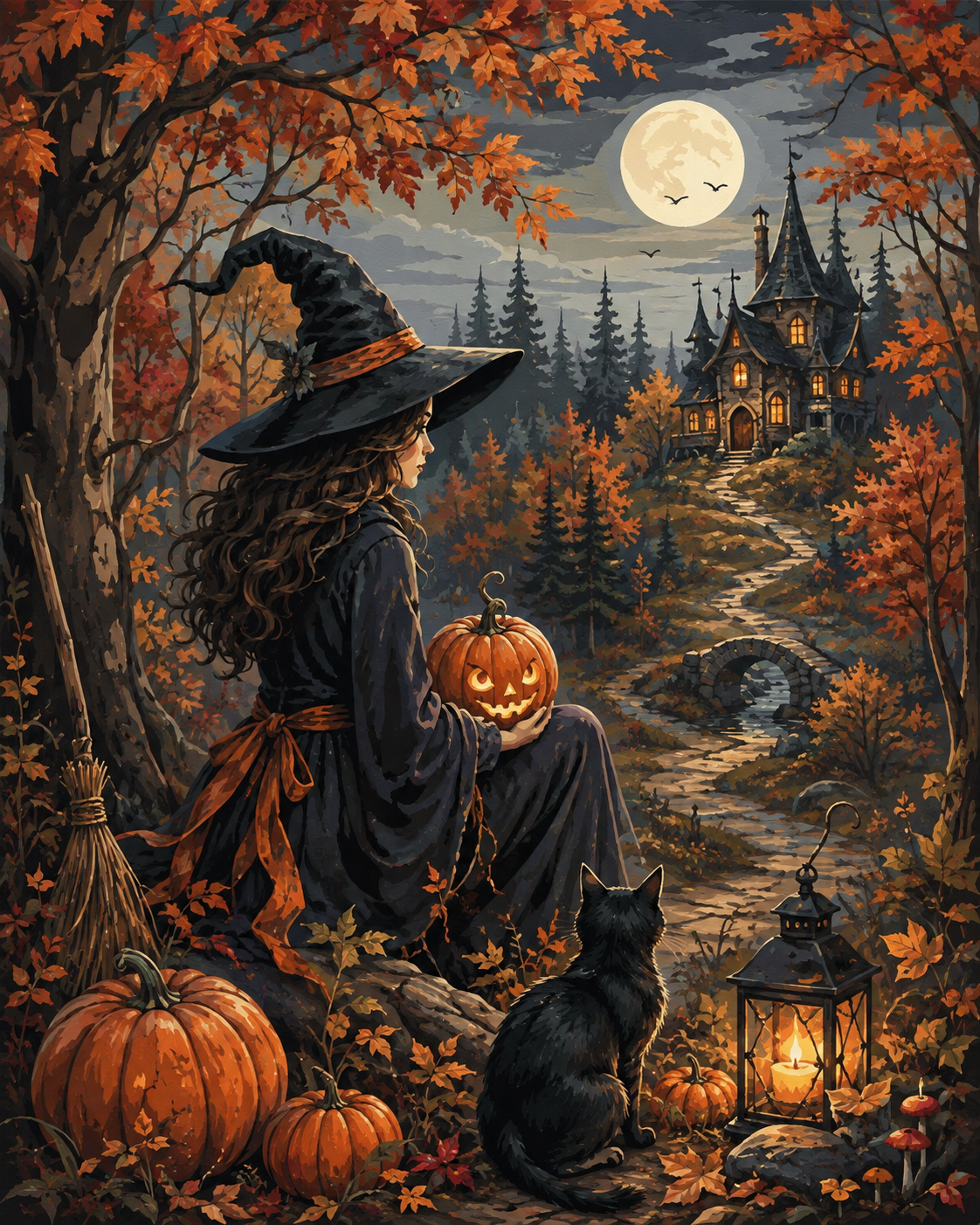 Schilderen op nummer De pompoenheks in het herfstbos – Halloween