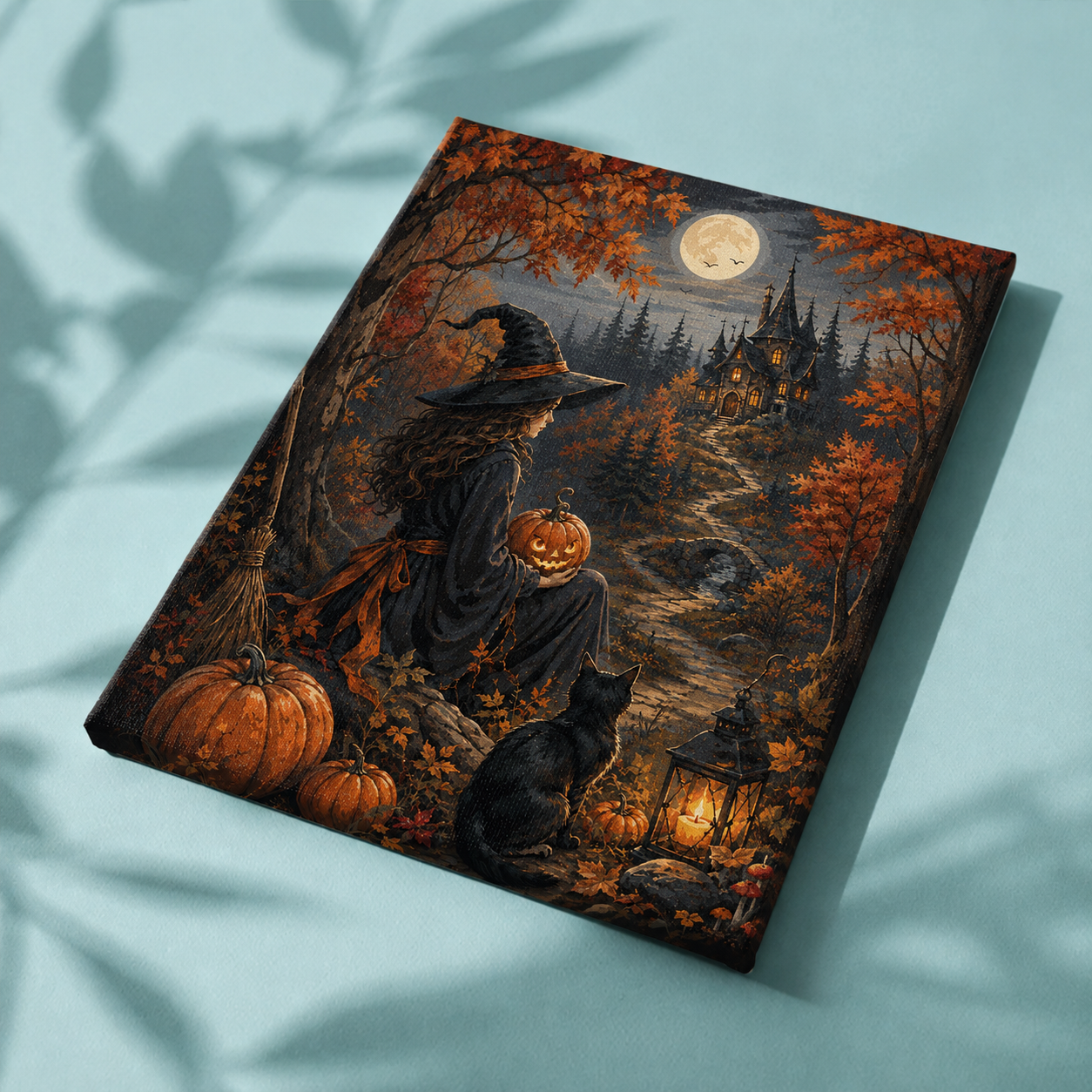 Afgewerkt canvas De pompoenheks in het herfstbos op stof