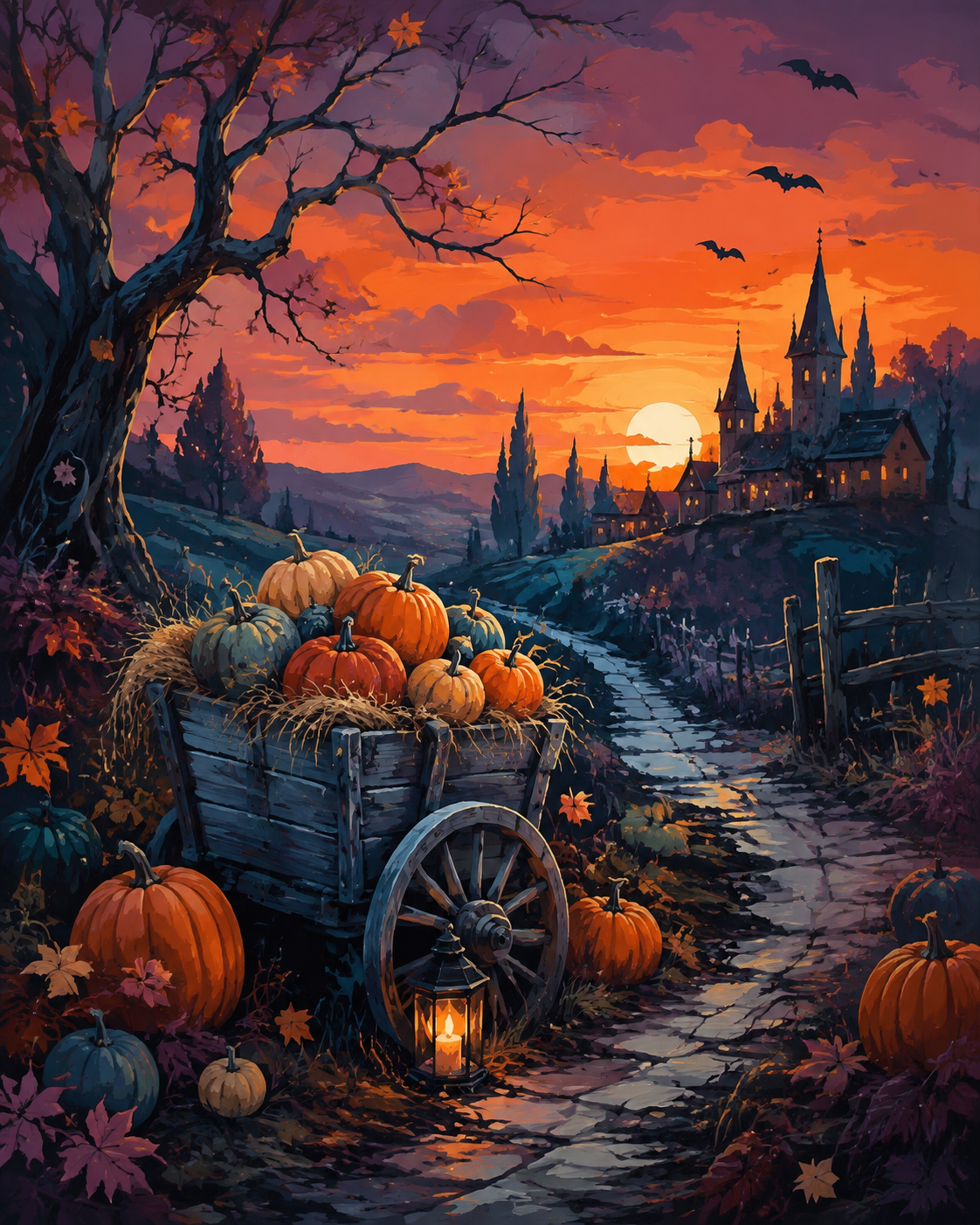 Schilderen op nummer De pompoenkar in de avondgloed – Halloween