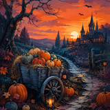 Schilderen op nummer De pompoenkar in de avondgloed – Halloween