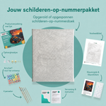 Inhoud van het schilderen-op-nummerpakket De pompoenkar in de avondgloed